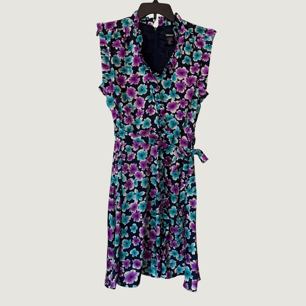 DKNY Women Purple Teal Floral Sleeveless Faux Wrap Ruffle Dress Size 10